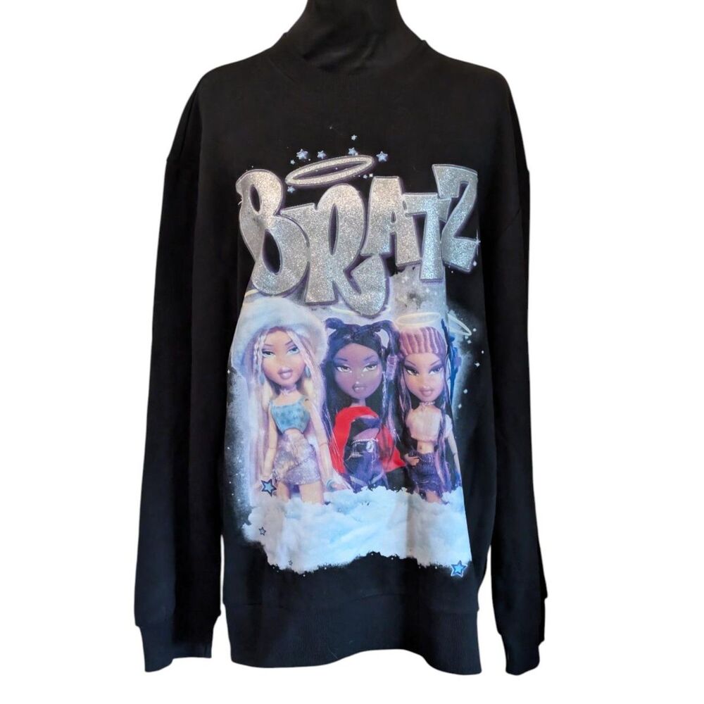 Bratz 20th Anniversary Tour Graphic Crewneck Sweatshirt Black Medium Glitter Y2K